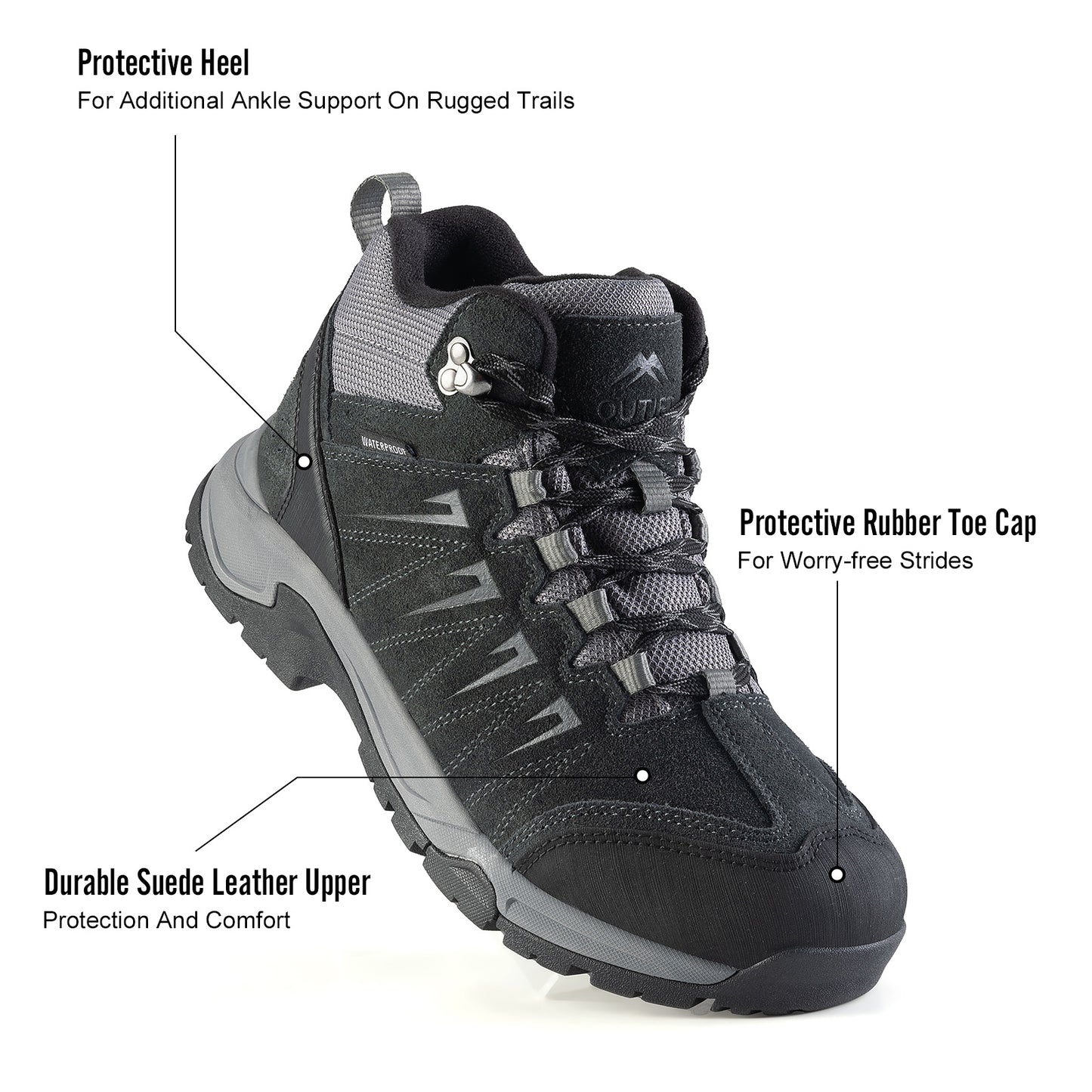 Men's Waterproof Hiking Boots Lightweight Comfortable Leather Mid Ankle Outdoor Trekking Boot